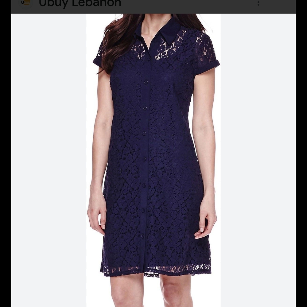 Sandra Darren Navy Lace Button-Up Dress Size: 14P